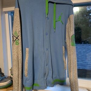 Blue and Gray Hoodie with Green Accents